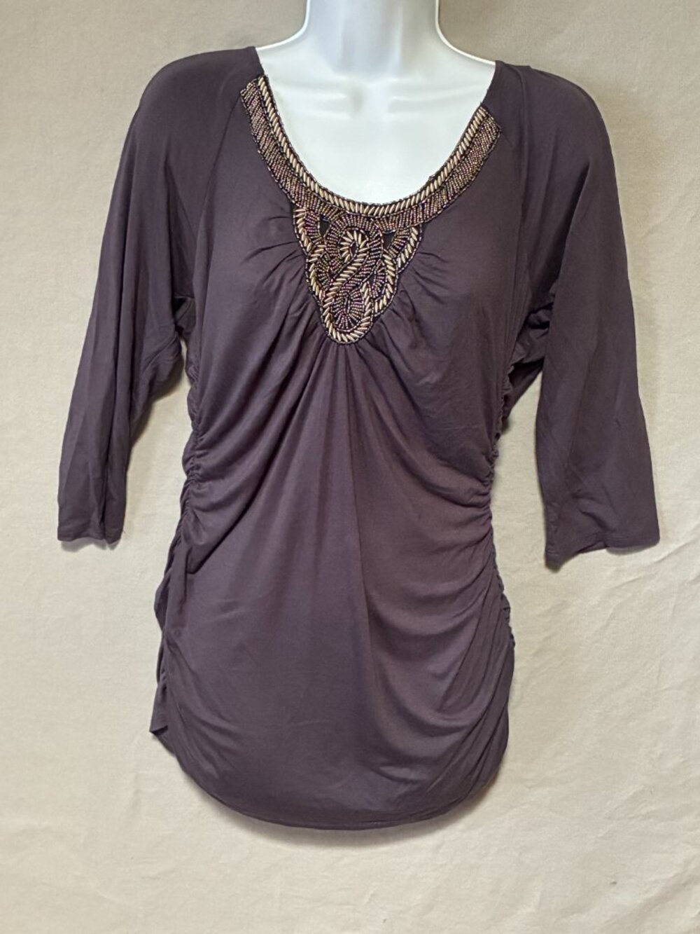 BOSTON PROPER Top Dress Large Gray Beads Ruched Tunic Boho Y2K Whimsigoth Fairy - Picture 2 of 7
